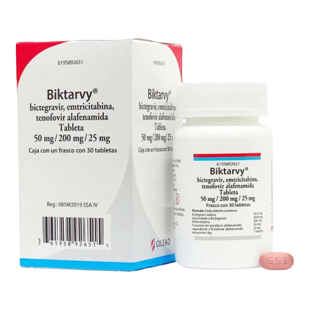 BIKTARVY® (bictegravir 50 mg / emtricitabina 200 mg / tenofovir alafenamida 25 mg) Tabletas, caja con 1 frasco con 30 tabletas