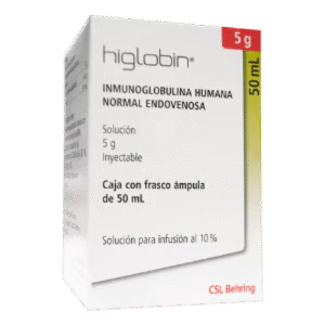 HIGLOBIN® (Inmunoglobulina Humana Normal Endovenosa) 5 g / 50 ml Solución Inyectable, caja con 1 frasco ámpula con 50 ml