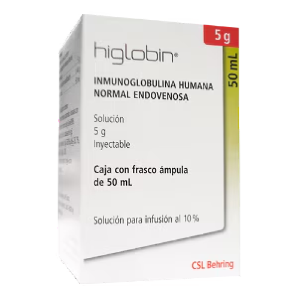 HIGLOBIN® (Inmunoglobulina Humana Normal Endovenosa) 5 g / 50 ml Solución Inyectable, caja con 1 frasco ámpula con 50 ml