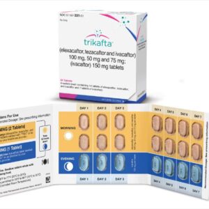 Trikafta (elexacaftor 100 mg, tezacaftor 50 mg e ivacaftor 75 mg) tabletas e ivacaftor 150 mg tabletas, Vertex, caja con 84 tabletas.