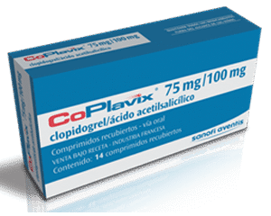 Coplavix® (Clopidogrel/Ácido Acetilsalicílico) 75 mg/100 mg, Sanofi, Tabletas recubiertas, caja con 28 tabletas