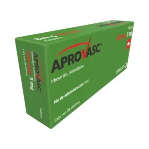 Aprovasc® (Irbesartan/Amlodipino) 300 mg/5 mg, Sanofi, Tabletas recubiertas, caja con 28 tabletas