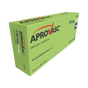 Aprovasc® (Irbesartan/Amlodipino) 150 mg/5 mg, Sanofi, Tabletas recubiertas, caja con 28 tabletas