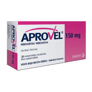 Aprovel® (Irbesartan) 150 mg, Sanofi, Tabletas recubiertas, caja con 28 tabletas