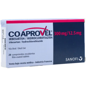 CoAprovel® (Irbesartán/Hidroclorotiazida) 300 mg/12.5 mg, Sanofi, Tabletas recubiertas, caja con 28 tabletas