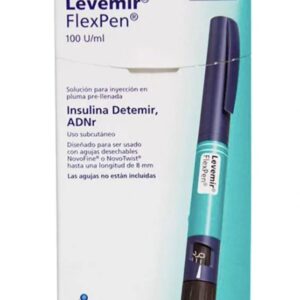 Levemir® (Insulina Detemir) 100 U/ml, Novo Nordisk, Solución inyectable, caja con 3 plumas precargadas de 3 ml