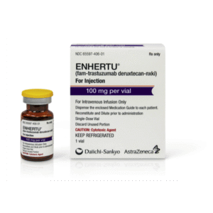 Enhertu® (fam-trastuzumab deruxtecan-nxki) 100 mg Polvo liofilizado para concentrado para solución para perfusión, caja con 1 frasco ámpula, Daiichi Sankyo y AstraZeneca.