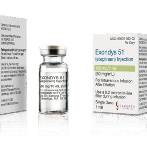 EXONDYS 51 (eteplirsen) 100 mg/2 mL (50 mg/mL) o 500 mg/10 mL, solución inyectable para infusión intravenosa, Sarepta Therapeutics, Inc.